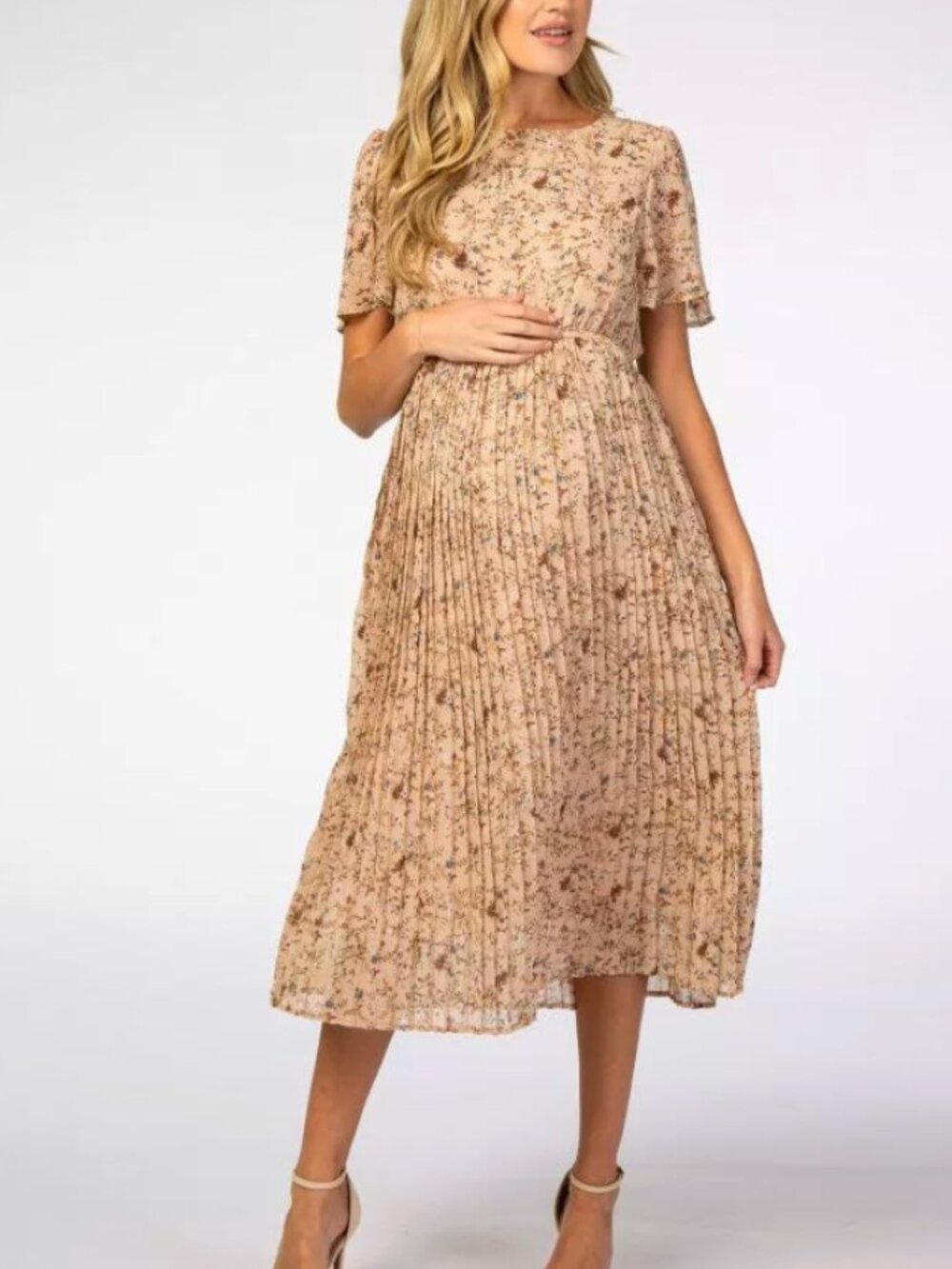 PinkBlush Beige Floral Pleated Short Sleeve Chiffon Maternity Midi Dress Beige S